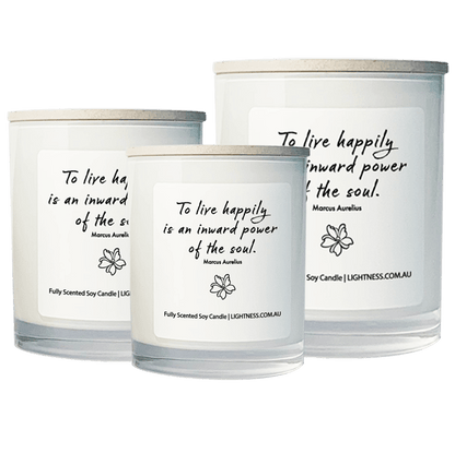 3 Candles in white glass jars - XL, large, medium with Happiness quote - To live happily is an inward power of the soul.