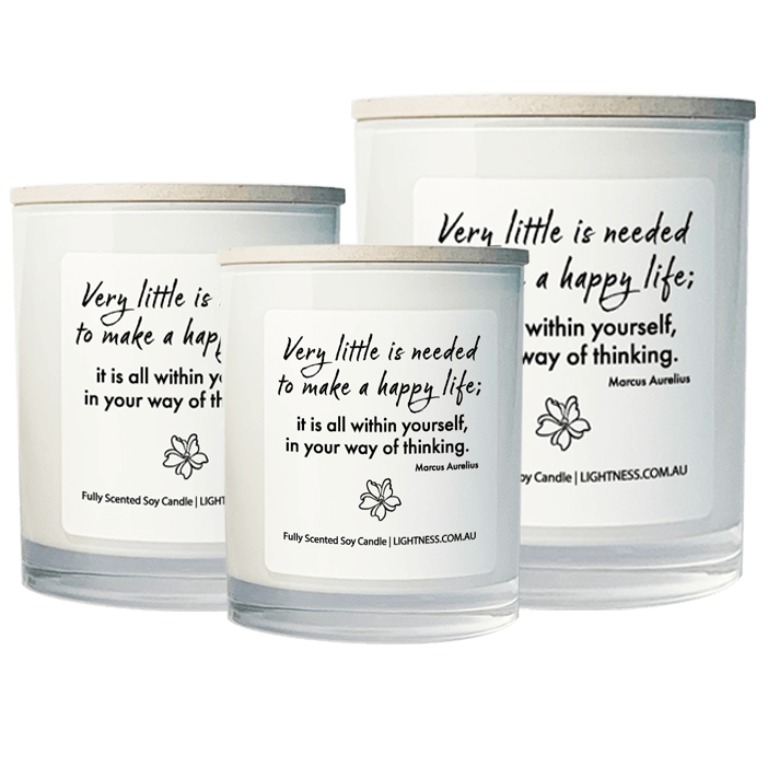 3 Candles in white glass jars - XL, large, medium with Happiness quote - Very little is need to make a happy life; it is all within yourself, in your way of thinking.