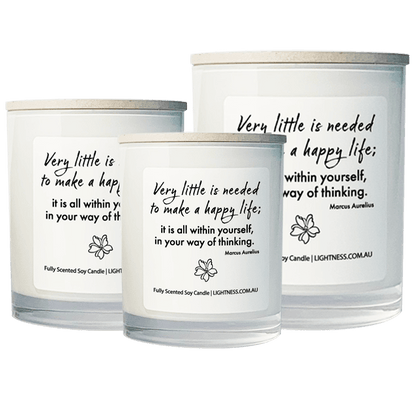 3 Candles in white glass jars - XL, large, medium with Happiness quote - Very little is need to make a happy life; it is all within yourself, in your way of thinking.