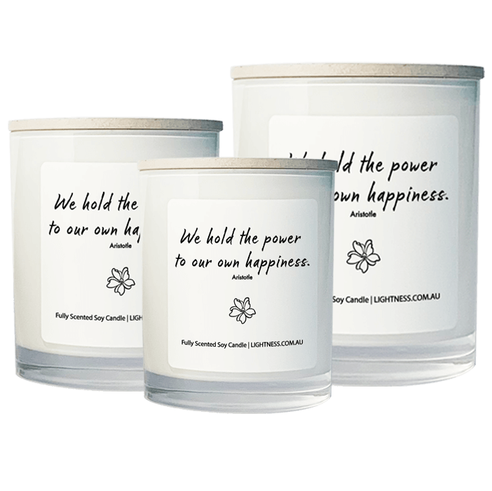 3 Candles in white glass jars - XL, large, medium with Happiness quote - We hold the power to our own happiness.