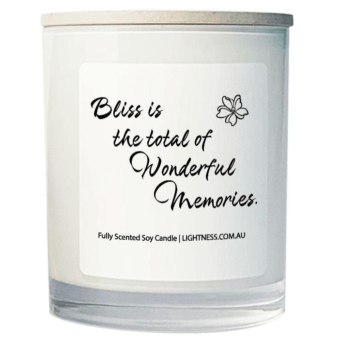 Candle in white glass jar with Happiness quote - Bliss is the total of wonderful memories.