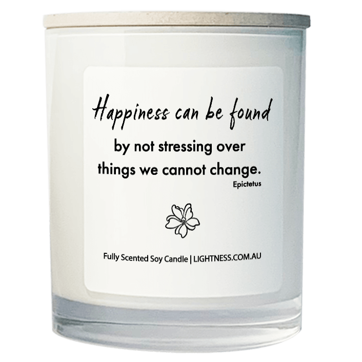 Candle in white glass jar with Happiness quote - Happiness can be found by not stressing over things we cannot change.