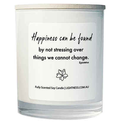 Candle in white glass jar with Happiness quote - Happiness can be found by not stressing over things we cannot change.