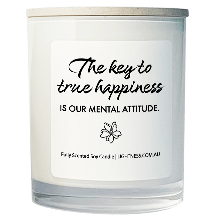 Candle in white glass jar with Happiness quote - The key to true happiness is our mental attitude.