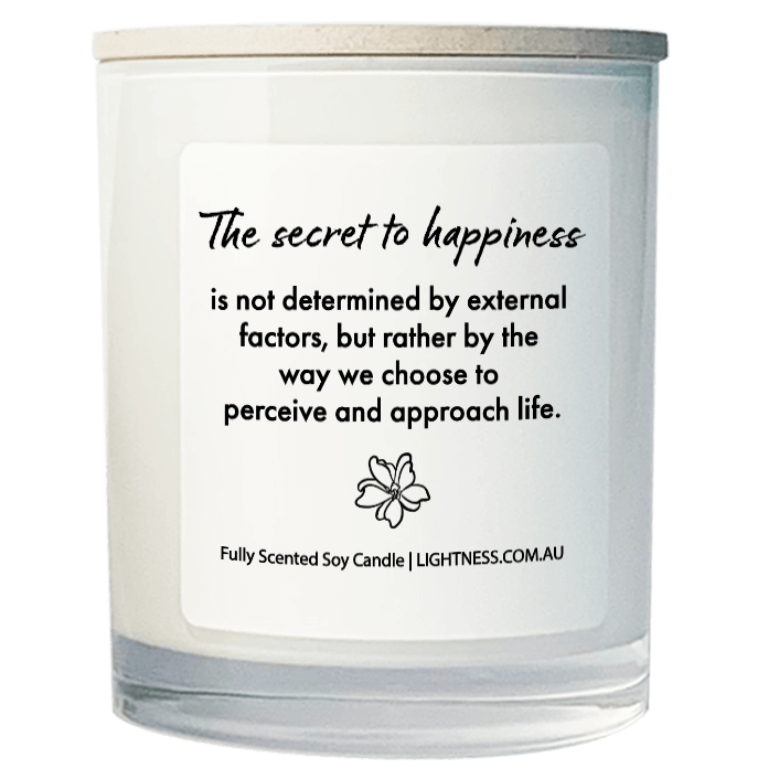 Candle in white glass jar with Happiness quote - The secret to happiness is not determined by external factors, but rather by the way we choose to perceive and approach life.