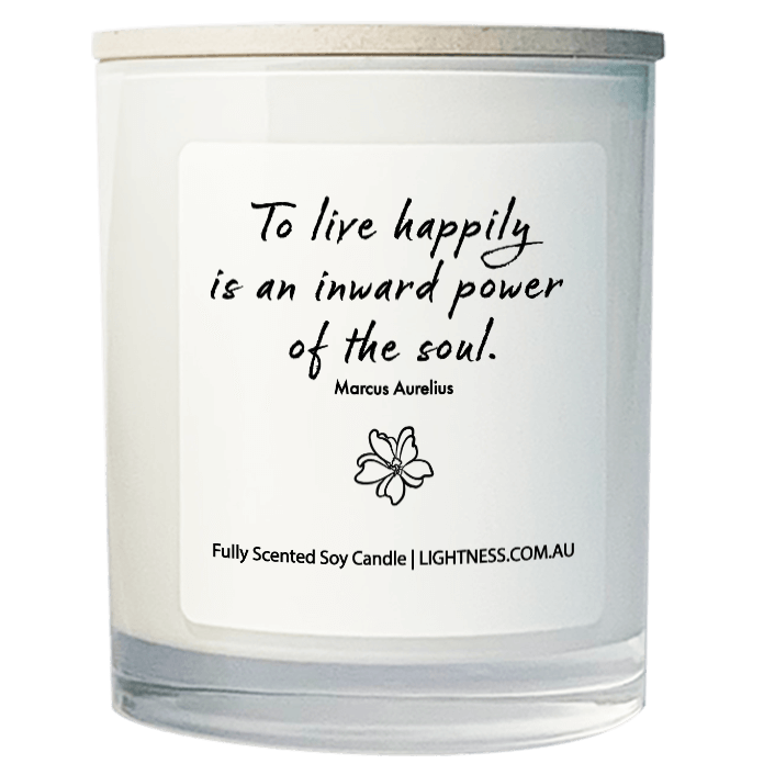 Candle in white glass jar with Happiness quote - To live happily is an inward power of the soul.