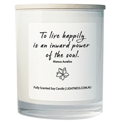 Candle in white glass jar with Happiness quote - To live happily is an inward power of the soul.