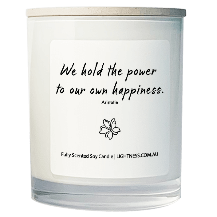 Candle in white glass jar with Happiness quote - We hold the power to our own happiness.