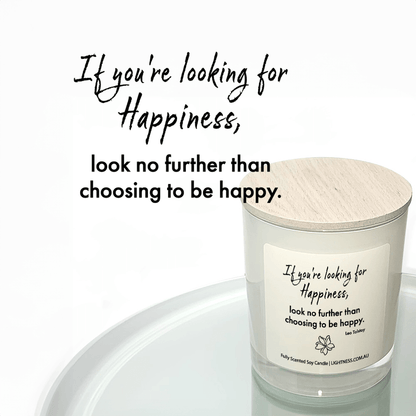 Candle in white glass jar reflected in mirror with Happiness quote - If you're looking for happiness, look no further than choosing to be happy.