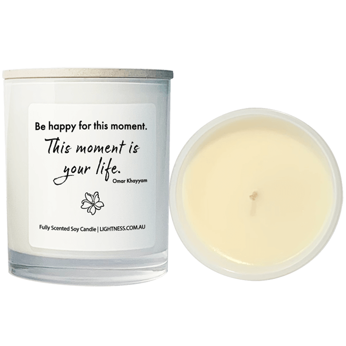 Candle from front and top view with Happiness quote - Be happy for this moment. This moment is your life.