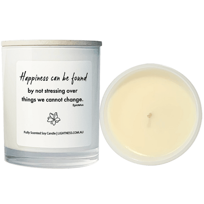 Candle from front and top view with Happiness quote - Happiness can be found by not stressing over things we cannot change.