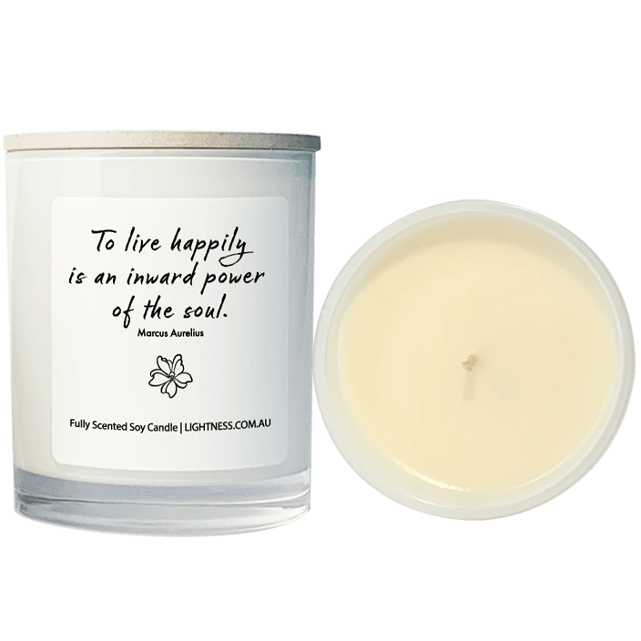 Candle from front and top view with Happiness quote - To live happily is an inward power of the soul.