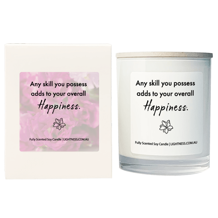 Candle in white glass jar with White Gift Box - Any skill you possess adds to your overall happiness.