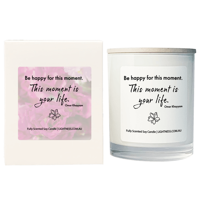 Candle in white glass jar with White Gift Box - Be happy for this moment. This moment is your life.