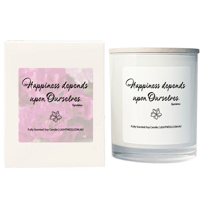 Candle in white glass jar with White Gift Box - Happiness depends upon ourselves.