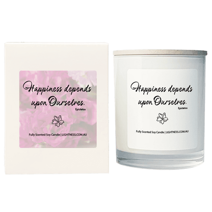 Candle in white glass jar with White Gift Box - Happiness depends upon ourselves.