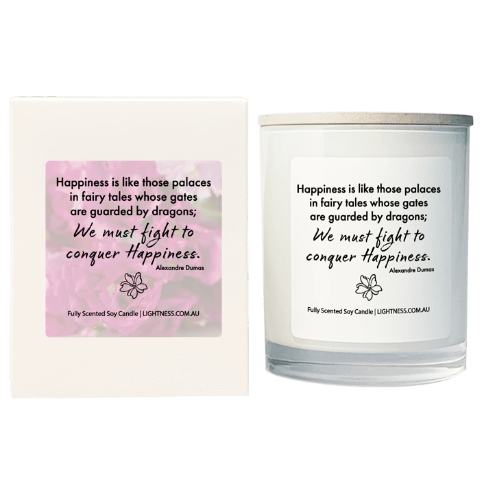 Candle in white glass jar with White Gift Box - Happiness is like those palaces in fairy tales whose gates are guarded by dragons; we must fight in order to conquer it.