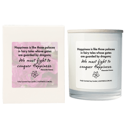 Candle in white glass jar with White Gift Box - Happiness is like those palaces in fairy tales whose gates are guarded by dragons; we must fight in order to conquer it.