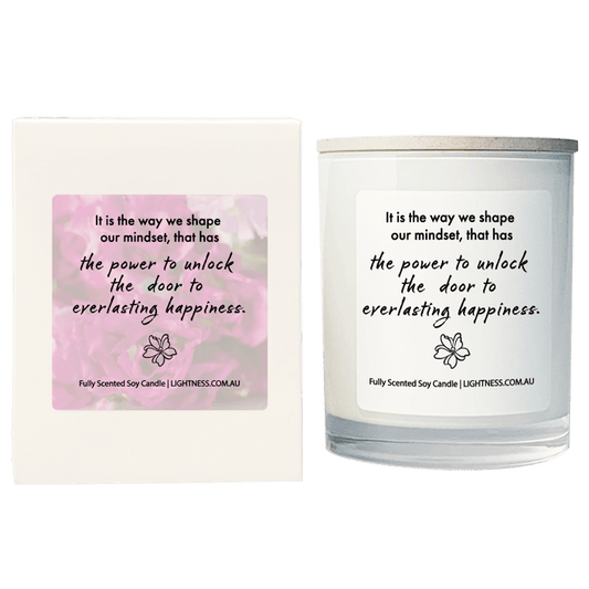 Candle in white glass jar with White Gift Box - It is the way we shape our mindset, that has the power to unlock the door to everlasting happiness.