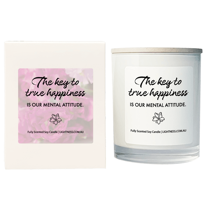 Candle in white glass jar with White Gift Box - The key to true happiness is our mental attitude.