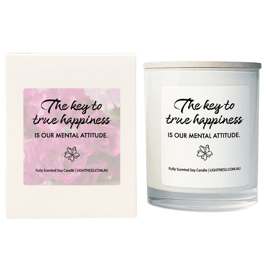 Candle in white glass jar with White Gift Box - The key to true happiness is our mental attitude.