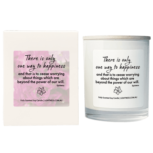 Candle in white glass jar with White Gift Box - There is only one way to happiness and that is to cease worrying about things which are beyond the power of our will.