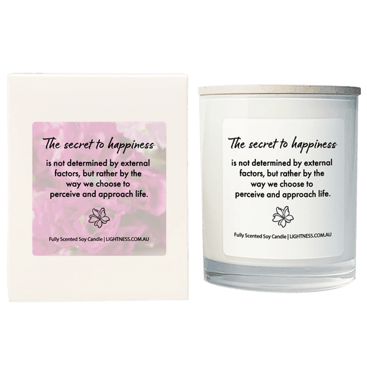 Candle in white glass jar with White Gift Box - The secret to happiness is not determined by external factors, but rather by the way we choose to perceive and approach life.