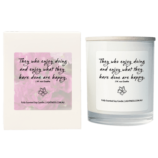 Candle in white glass jar with White Gift Box - They who enjoy doing and enjoy what they have done are happy.