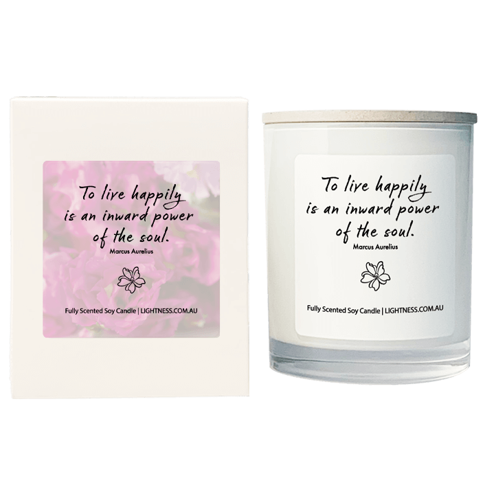 Candle in white glass jar with White Gift Box - To live happily is an inward power of the soul.