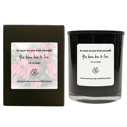 Candle in black  glass jar with black Gift Box - As soon as you trust yourself, you know how to live.