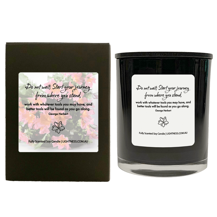 Candle in black  glass jar with black Gift Box - Do not wait; Start your journey from where you stand, work with whatever tools you may have, and better tools will be found as you go along.