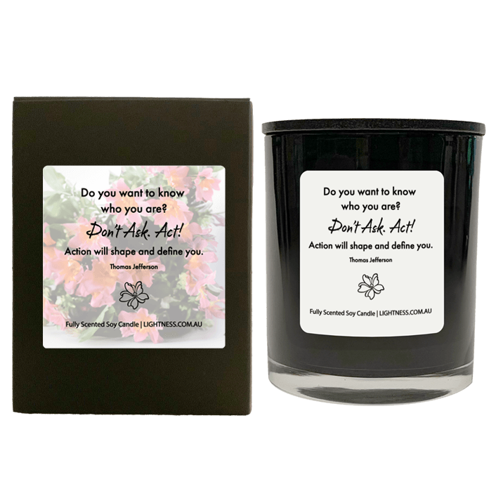 Candle in black  glass jar with black Gift Box - Do you want to know who you are? Do not ask. Act! Action will shape and define you.