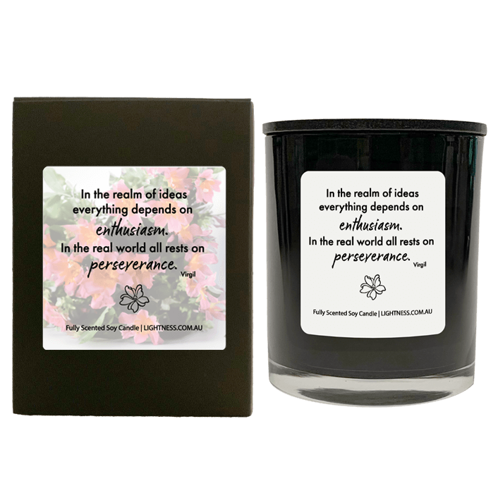 Candle in black  glass jar with black Gift Box - In the realm of ideas everything depends on enthusiasm. In the real world all rests on perseverance.