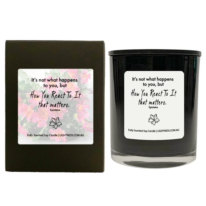 Candle in black  glass jar with black Gift Box - It's not what happens to you, but how you react to it that matters.