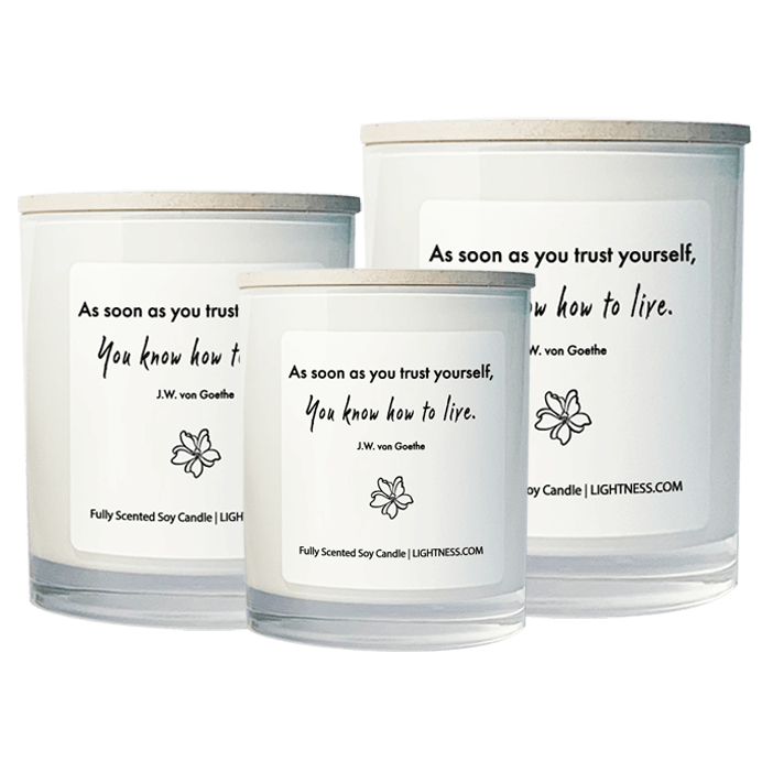 3 Candles in white glass jars - XL, large, medium with motivational quote - As soon as you trust yourself, you know how to live.