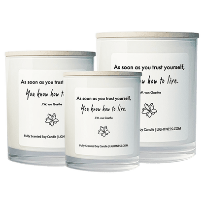 3 Candles in white glass jars - XL, large, medium with motivational quote - As soon as you trust yourself, you know how to live.