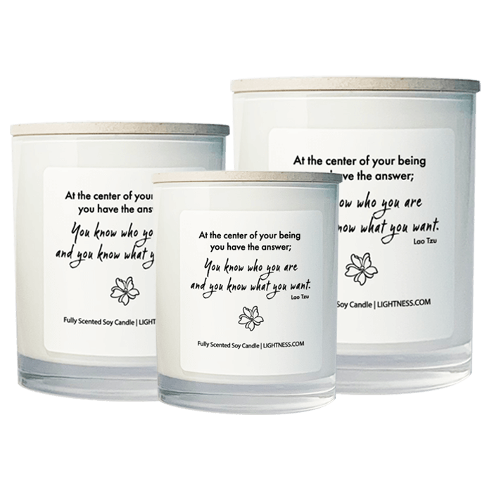 3 Candles in white glass jars - XL, large, medium with motivational - At the center of your being you have the answer; you know who you are and you know what you want.