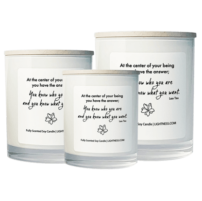 3 Candles in white glass jars - XL, large, medium with motivational - At the center of your being you have the answer; you know who you are and you know what you want.