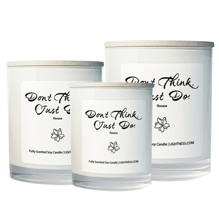 3 Candles in white glass jars - XL, large, medium with motivational quote - Don't think, just do.