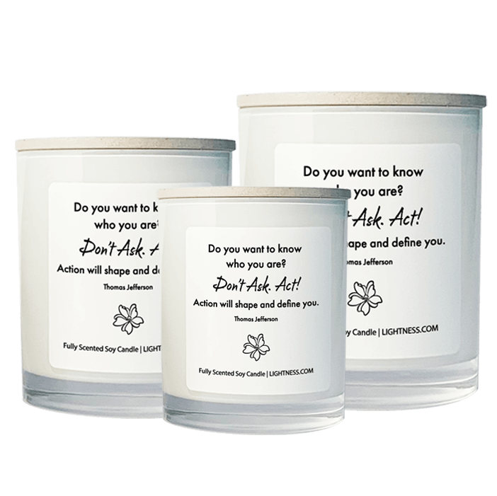 3 Candles in white glass jars - XL, large, medium with motivational quote - Do you want to know who you are Don't ask. Act Action will shape and define you.