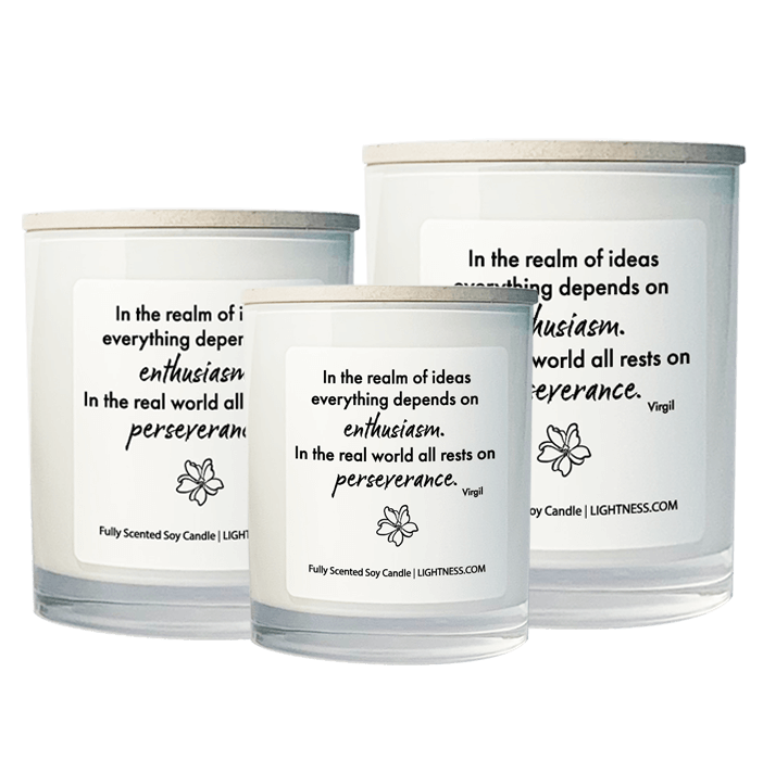 3 Candles in white glass jars - XL, large, medium with motivational quote - In the realm of ideas everything depends on enthusiasm. In the real world all rests on perseverance.