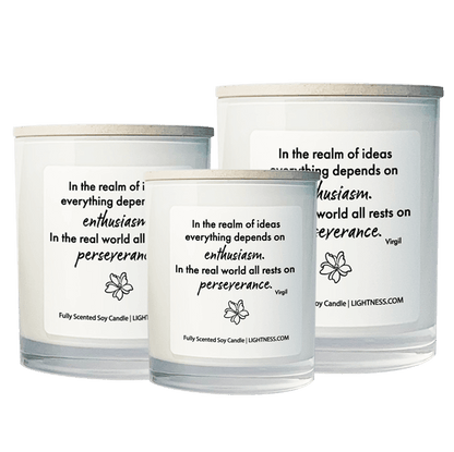 3 Candles in white glass jars - XL, large, medium with motivational quote - In the realm of ideas everything depends on enthusiasm. In the real world all rests on perseverance.