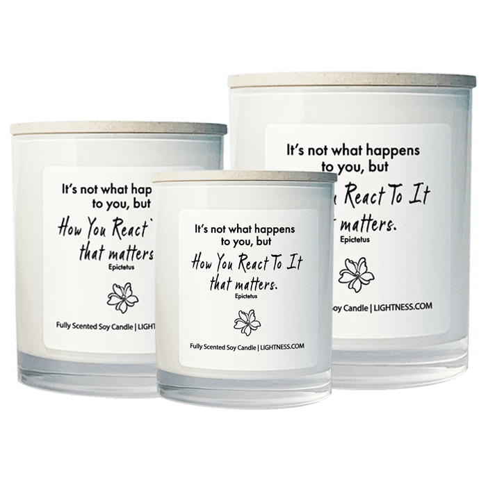 3 Candles in white glass jars - XL, large, medium with motivational quote - It's not what happens to you, but how you react to it that matters.