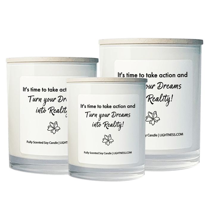 3 Candles in white glass jars - XL, large, medium with motivational quote - t's time to take action and turn your dreams into reality!