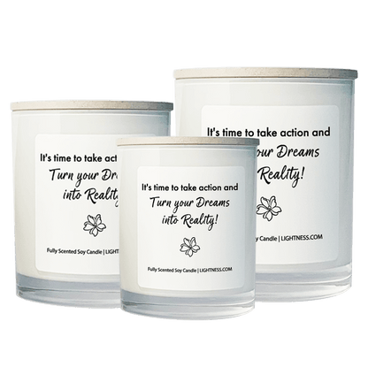 3 Candles in white glass jars - XL, large, medium with motivational quote - t's time to take action and turn your dreams into reality!