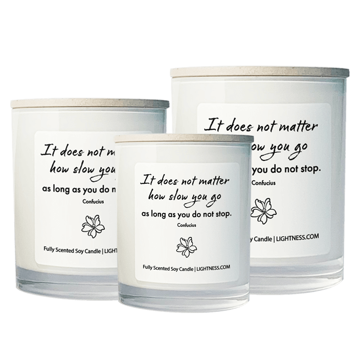 3 Candles in white glass jars - XL, large, medium with motivational quote - It does not matter how slow you go as long as you do not stop.