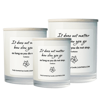 3 Candles in white glass jars - XL, large, medium with motivational quote - It does not matter how slow you go as long as you do not stop.