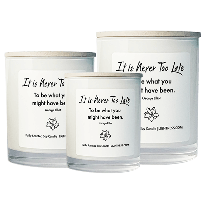 3 Candles in white glass jars - XL, large, medium with motivational quote - It is never too late to be what you might have been.