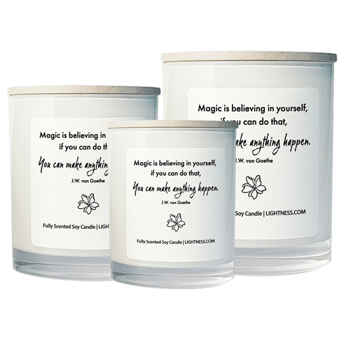 3 Candles in white glass jars - XL, large, medium with motivational quote - Magic is believing in yourself, if you can do that, you can make anything happen.