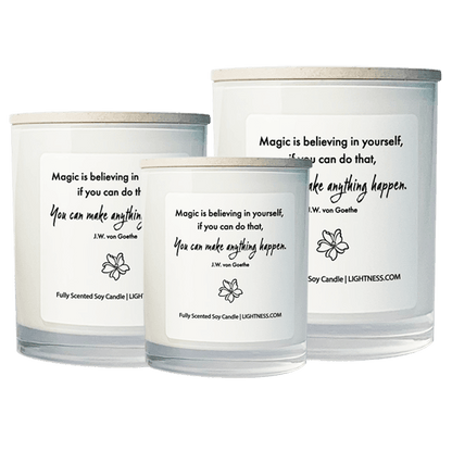 3 Candles in white glass jars - XL, large, medium with motivational quote - Magic is believing in yourself, if you can do that, you can make anything happen.